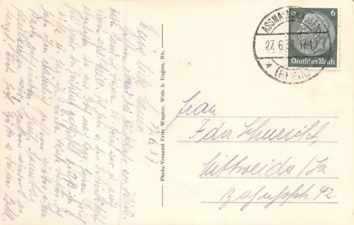 Assmannshausen Rh. Altes Haus mit Kriegerdenkmal Postkarte AK 1937