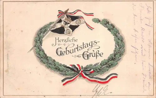 Herzliche Geburtstagsgrüße mit Kranz Patriotika Postkarte mit Prägung AK 1916