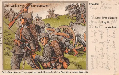 Nun wollen wir sie verdreschen! Soldaten im Felde Patriotika Postkarte AK 1915