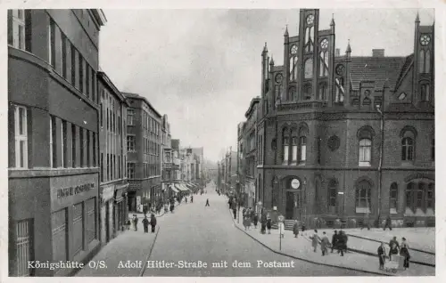 Straße mit dem Postamt in Königshütte Chorzów Schlesien Postkarte AK