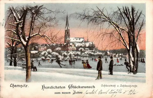 Chemnitz Sachsen Schlossteich Eisläufer Winter Postkarte 31.12.1903