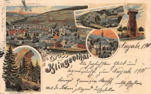 Gruss aus Klingenthal Kirche, Albertsturm Vogtland Sachsen Litho AK 1900