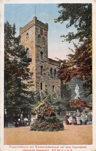Aussichtsturm mit Bismarckdenkmal auf dem Czorneboh Sachsen Postkarte AK