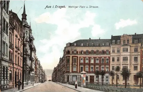 Wettiner Platz und Straße in Aue Erzgebirge Sachsen Postkarte AK