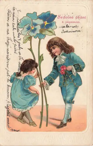 Srdecne prani k jmeninam Kinder große Blumen Mädchen Kleid Postkarte AK