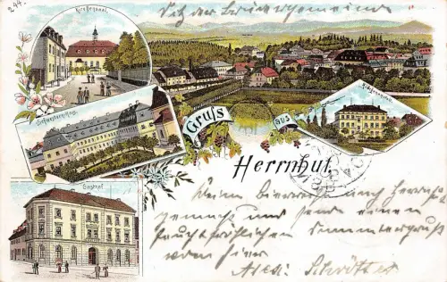 Gruss aus Herrnhut Gasthof, Schwestern-Haus, Kirchensaal Sachsen Litho AK 1899