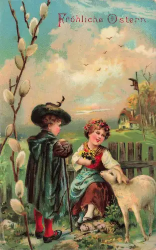 Fröhliche Ostern Schaf Lamm Kinder Kleidung Erwachsene Postkarte AK 1941