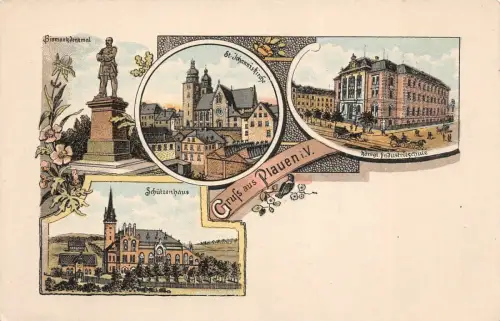 Gruss aus Plauen mit Bismarckdenkmal und Schützenhaus Vogtland Sachsen Litho AK