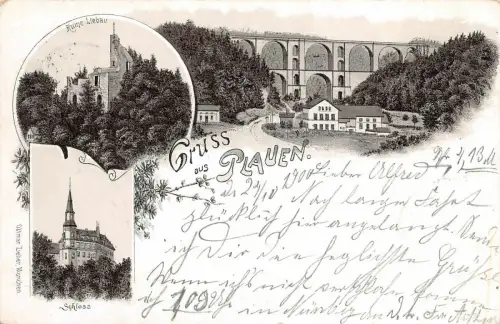 Gruss aus Plauen mit Ruine Liebau und Schloss Vogtland Sachsen Litho AK 1900