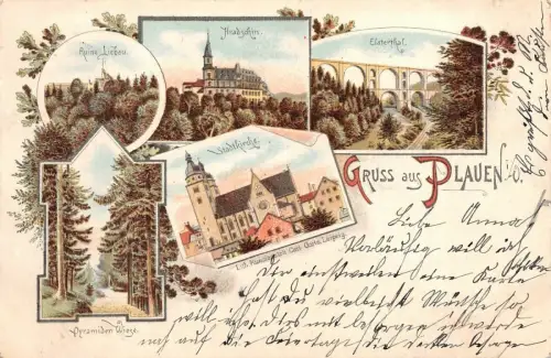 Gruss aus Plauen Elsterthal Stadtkirche Ruine Liebau Litho Postkarte 1899