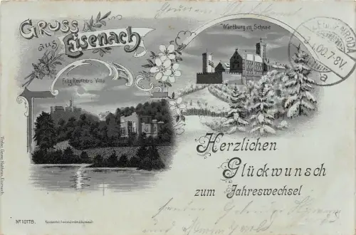 Eisenach Mondscheinpostkarte Wartburg im Schnee Fritz Reuthers Villa Winterlitho