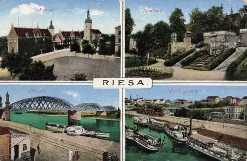 Panorama mit Rathaus, Landungsplatz und Elbbrücke in Riesa Sachsen AK 1929