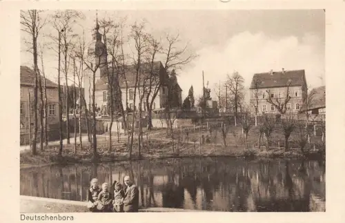Partie am Teich mit Kirche in Deutschenbora Sachsen Postkarte AK 1935