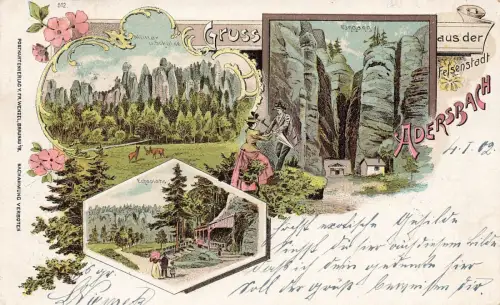 Gruss aus der Felsenstadt Adersbach mit Echoplatz Böhmen Litho Postkarte AK 1902