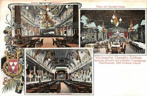 Chemnitz-Schönau Wintergarten Grosser Ballsaal Flora mit Krystall-Palast AK