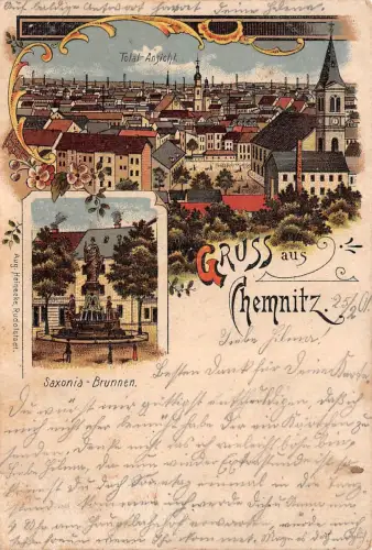 Gruss aus Chemnitz Total-Ansicht Saxonia-Brunnen Litho AK 1901