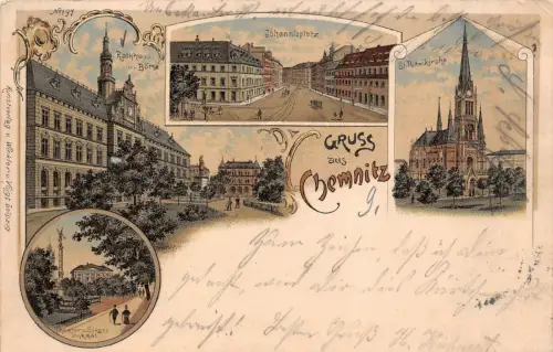 Gruss aus Chemnitz Johannisplatz St. Petrikirche Postkarte AK 1899