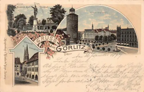 Gruss aus Görlitz Denkmal, Marienplatz und Peteterskirche Sachsen Litho AK 1897