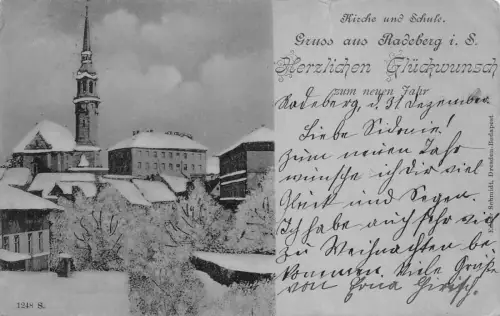 Gruss aus Radeberg i. S. Kirche Schule Herzlichen Glückwunsch Neujahr AK 1905