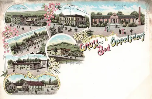 Gruss aus Bad Oppelsdorf mit Hotel und Restaurant Schlesien Litho Postkarte AK