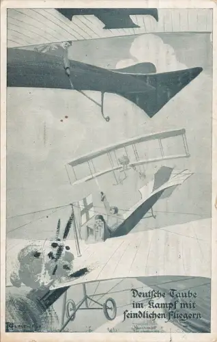 Deutsche Taube im Kampf mit feindlichen Fliegern Patriotika Postkarte AK 1915