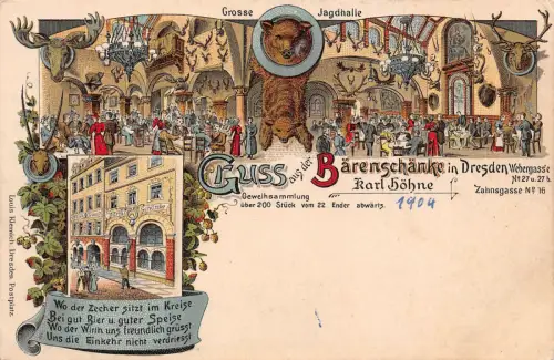 Dresden Webergasse, Restaurant Bärenschänke Jagdhalle Litho Postkarte