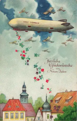 Neujahr Flug Graf Zeppelin Postkarte Neuensalz Vogtland 1932