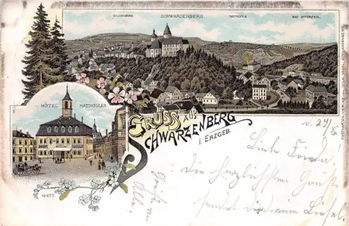 Gruss aus Schwarzenberg Erzgb. Hotel Ratskeller Litho Postkarte gel. 1899