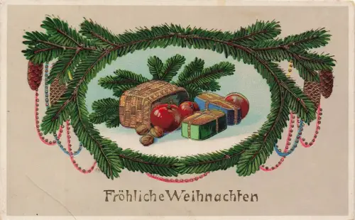 Fröhliche Weihnachten Tannenzweige Äpfel Nüsse Geschenke Postkarte AK 1914