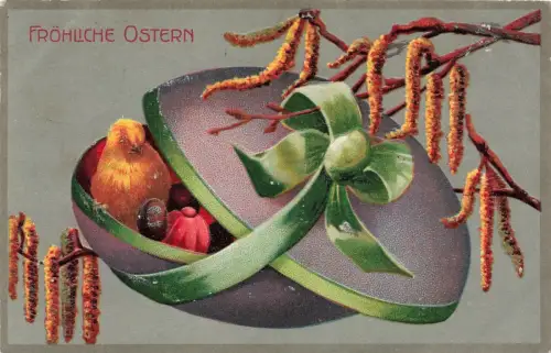 Fröhliche Ostern Küken Osterei Geschenke Äste Zweige Postkarte AK 1910