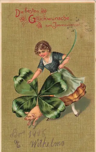 Die besten Glückwünsche zum Jahreswechsel Kleeblatt Schwein Postkarte AK 1908
