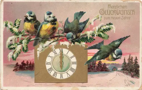 Herzlichen Glückwunsch zum neuen Jahre Uhr Mitternacht Vögel Zweige AK 1914