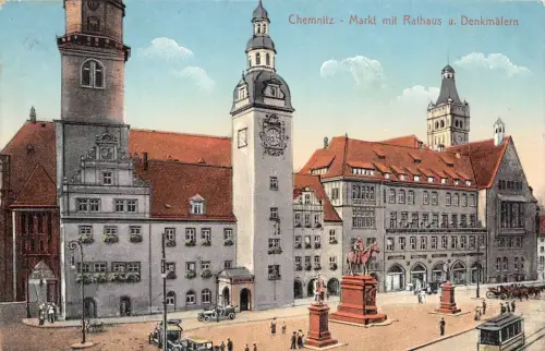 Chemnitz Sachsen Markt Denkmal Strassenbah Postkarte 1914