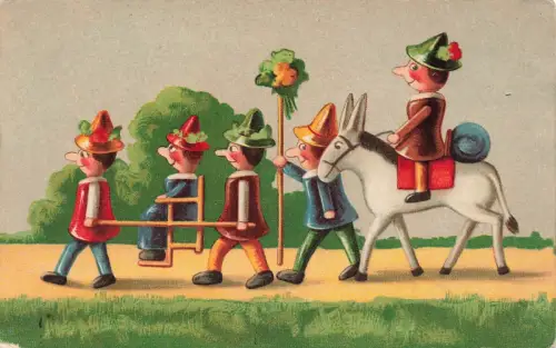 Spielzeug Figuren kleine Männer mit Pferd Postkarte