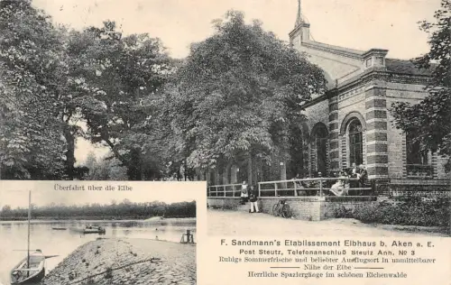 Aken (Elbe) Männer am Restaurant Elbhaus Postkarte 1913