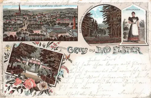 Gruss aus Bad Elster v. Brunnenberg gesehen Agnesruh Litho AK 1897