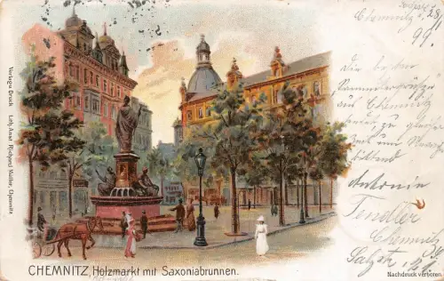 Chemnitz Holzmarkt mit Saxoniabrunnen Postkarte AK 1899