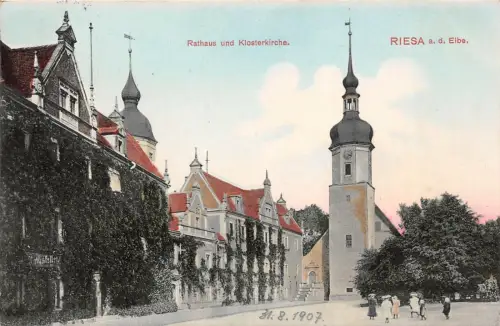 Rathaus und Klosterkirche Riesa a. d. Elbe AK 1907