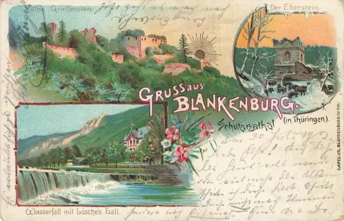 Wasserfall, Eberstein und Ruine Greifenstein Blankenburg Thüringen Litho AK 1902
