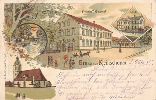 Gruss aus Kleinschönau Gasthof Fritsche, Kirche, Schule Sachsen Litho AK 1915