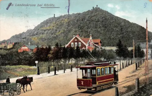 Die Landeskrone bei Görlitz Straßenbahn Sachsen Postkarte AK 1909