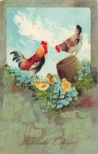 Fröhliche Ostern! Hahn Huhn Küken Blumen Fass Landschaft Postkarte AK