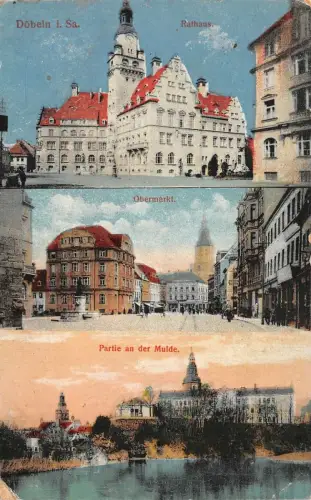 Rathaus, Obermarkt und Mulde Döbeln Sachsen Postkarte AK 1918