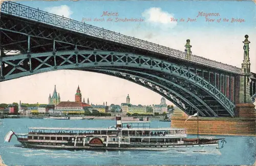 Blick durch die Straßenbrücke mit Dampfschiff in Mainz Rheinland-Pfalz AK 1932