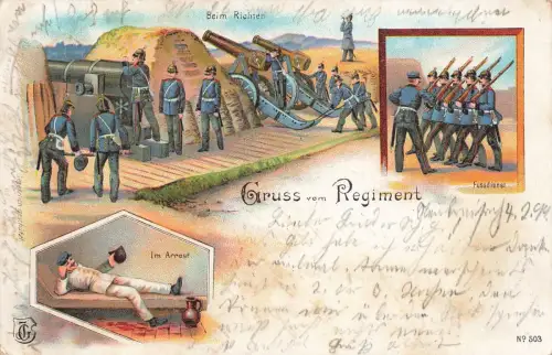 Gruss vom Regiment Soldaten beim Richten Patriotika Postkarte AK 1900