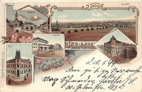 Gruss aus Hartha Central Hotel, Post und Marktplatz Sachsen Litho AK 1899