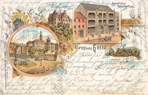 Gruss aus Greiz Unteres Schloss Parksee Geschäftsh. Heinrich Tietz Litho AK 1899