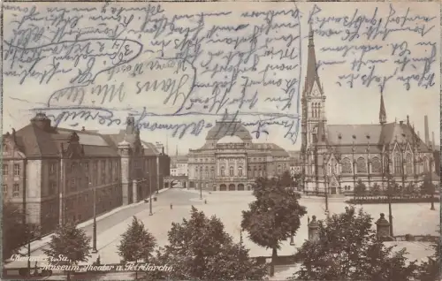 Chemnitz i. Sa. Museum, Theater u. Petrikirche Postkarte AK 1925