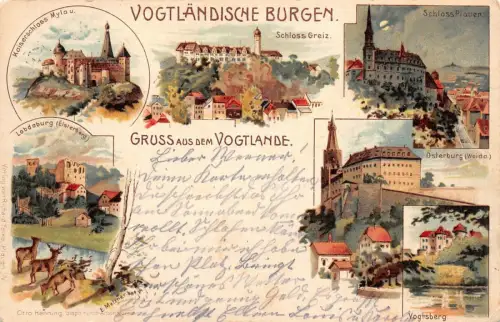 Gruss aus dem Vogtlande Vogtländische Burgen Schloss Greiz Plauen AK 1937