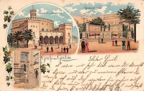 Gruß aus Görlitz mit Denkmal und Hauptwache Sachsen Litho Postkarte AK 1902